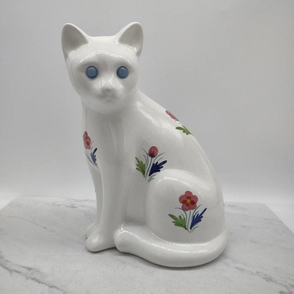 Cat Al Cobaca Portugal White Ceramic Painted Spring Flowers Blue Jewel Eyes Cat
